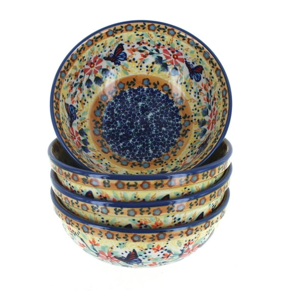 Blue Rose Polish Pottery Blue Butterfly 4 PC Dessert Bowl Set