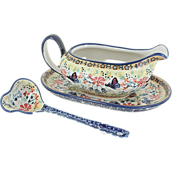 Blue Rose Polish Pottery Blue Butterfly Gravy Boat & Ladle