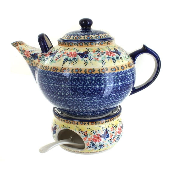 Blue Rose Polish Pottery Blue Butterfly Large Teapot & Warmer