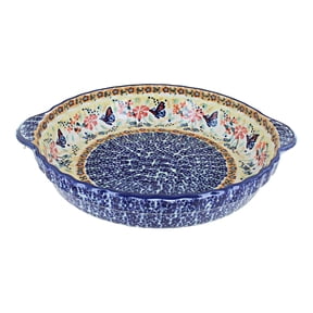 Blue Rose Polish Pottery Blue Butterfly Pie Plate with Handles