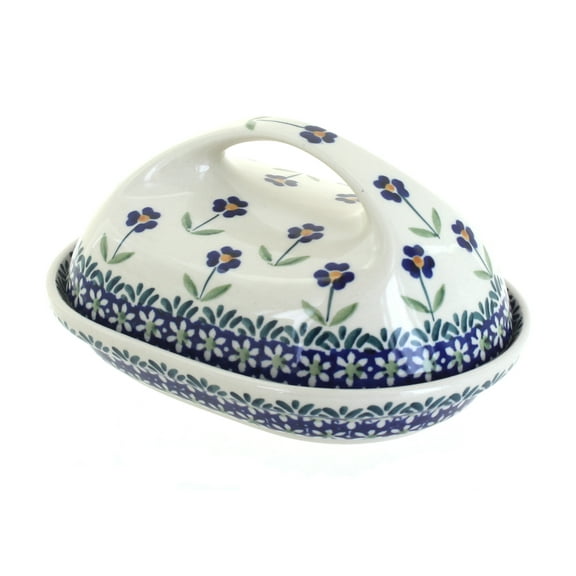 Blue Rose Polish Pottery Blue Daisy Butter Dish with Handle