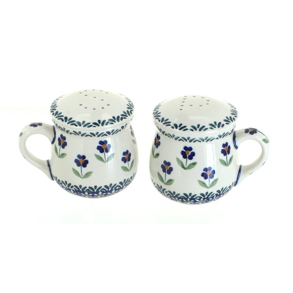 Blue Rose Polish Pottery Blue Daisy Salt & Pepper Shakers with Handles