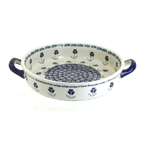 Blue Rose Polish Pottery Blue Daisy Small Round Baker with Handles