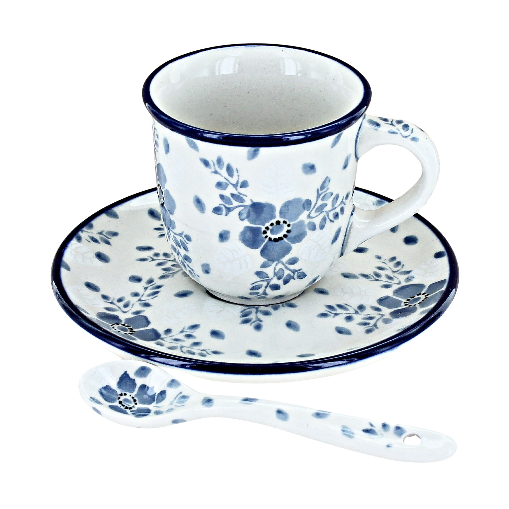 Blue Rose Polish Pottery Blue Fleur Espresso Cup & Saucer with Spoon