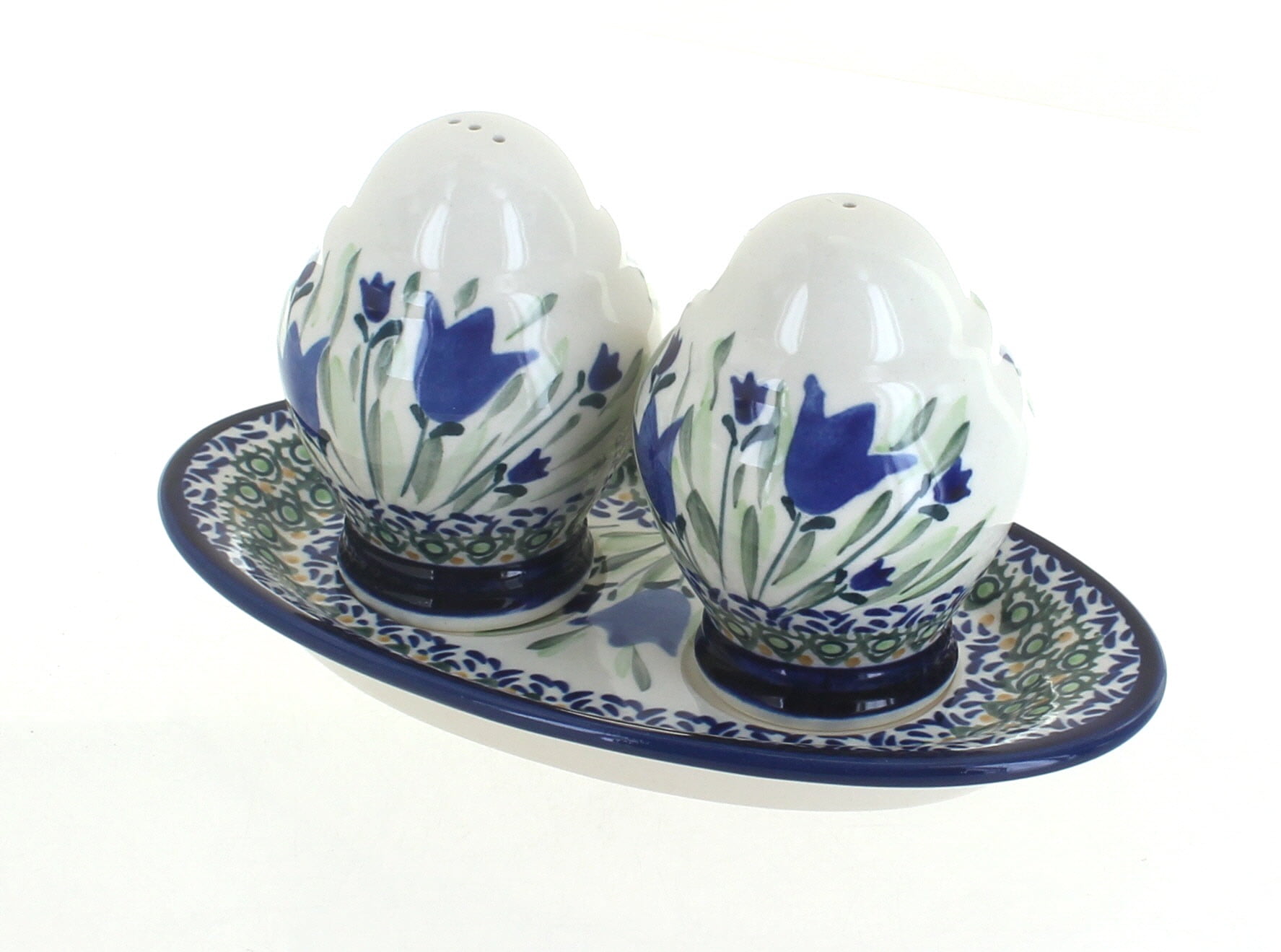 Blue Rose Polish Pottery Salt & Pepper Shakers With Dish - Hand-Painted Red Jungle Flower Ceramic Set, 7.5" Tall