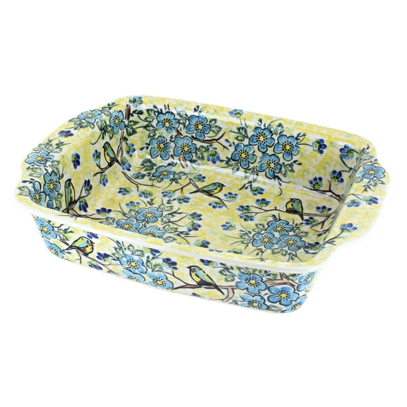 Blue Rose Polish Pottery Bluebird Garden Medium Rectangular Baker with Handles