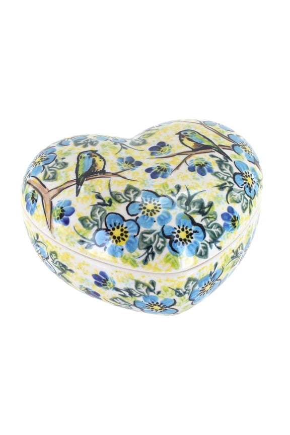 Blue Rose Polish Pottery Bluebird Garden Large Heart Box