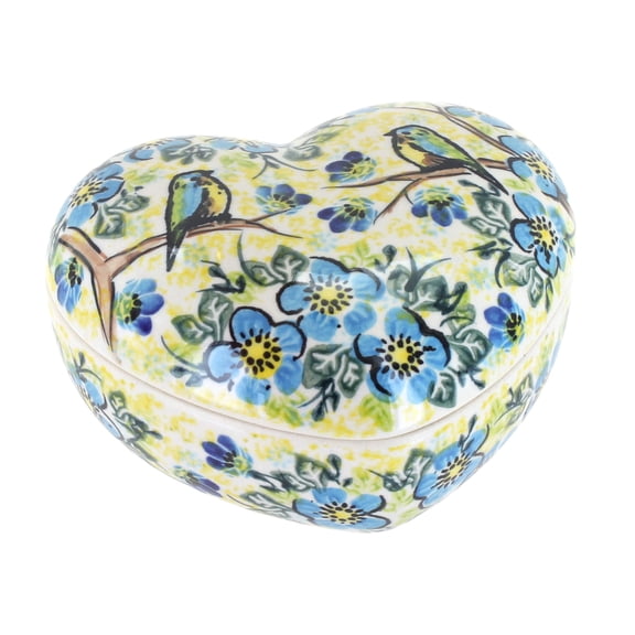 Blue Rose Polish Pottery Bluebird Garden Large Heart Box