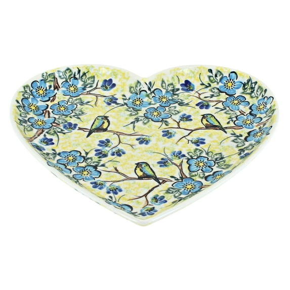 Blue Rose Polish Pottery Bluebird Garden Large Heart Plate