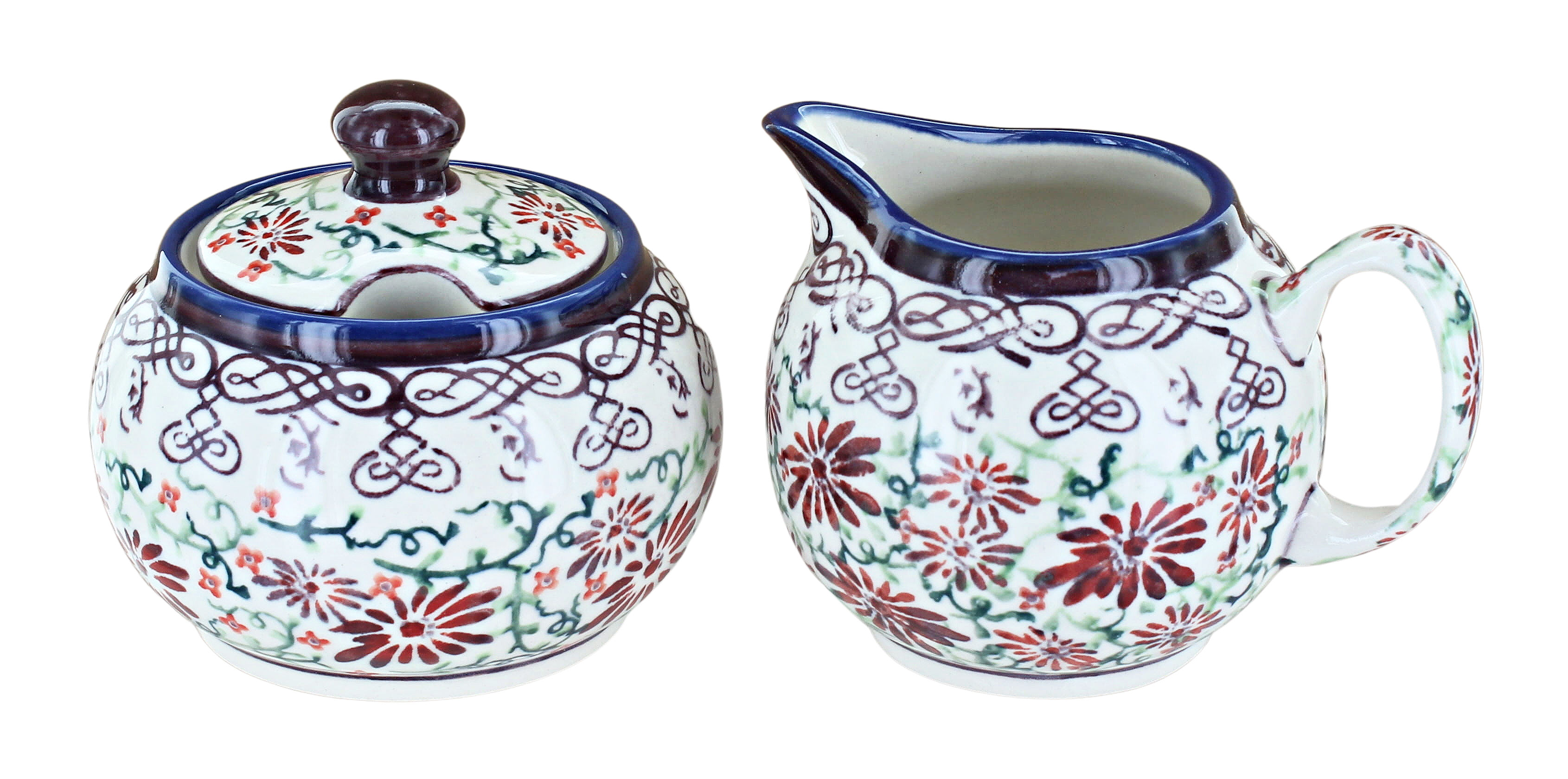 Polish Pottery Cream & Sugar Set 'Crimson Bells' – Hand-Painted 4-Piece Set With Serving Tray