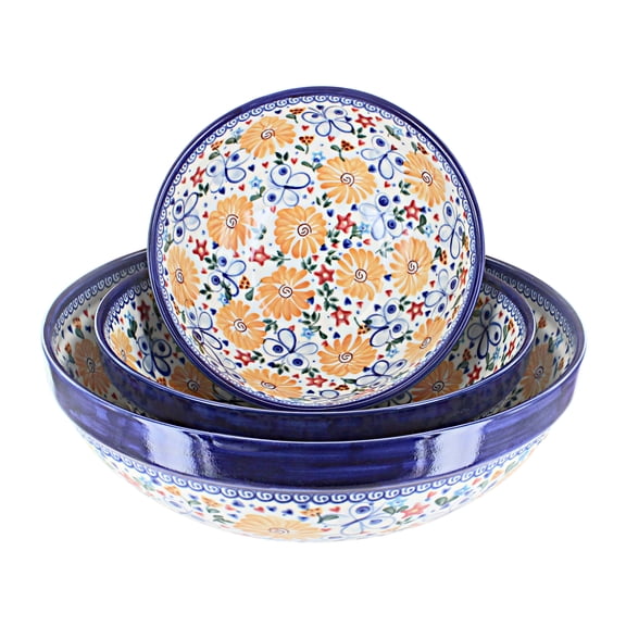 Blue Rose Polish Pottery Butterfly 3 Piece Serving Bowl Set