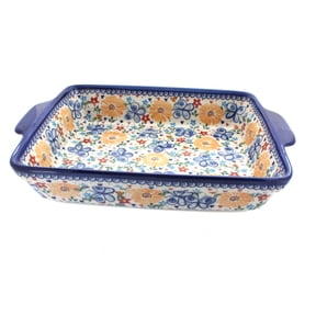 Blue Rose Polish Pottery Butterfly Baker with Handles