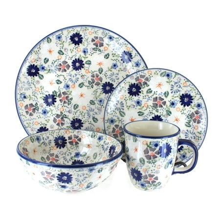 Blue Rose Polish Pottery Carnival Dinner Set, 16 Piece