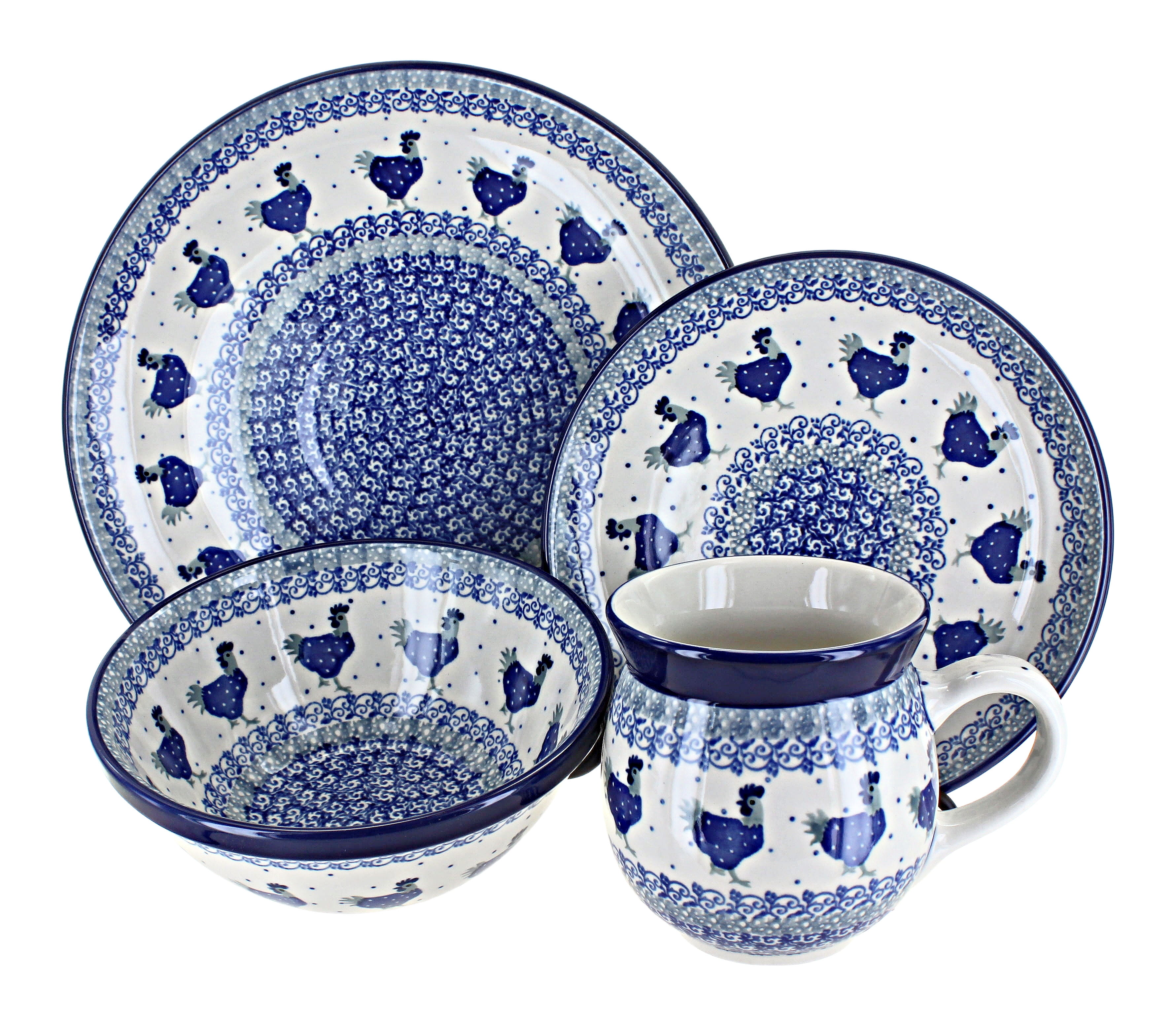Handcrafted Blue and White Ceramic Rooster 16-Piece Dinnerware Set