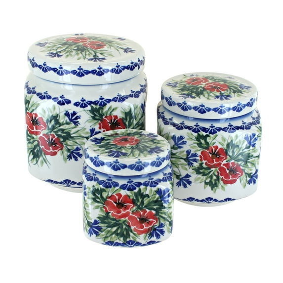 Blue Rose Polish Pottery Cherry Red Bouquet 3 Piece Canister Set