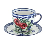 Blue Rose Polish Pottery Cherry Red Bouquet Cup & Saucer