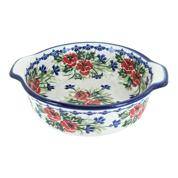 Blue Rose Polish Pottery Cherry Red Bouquet Round Baker