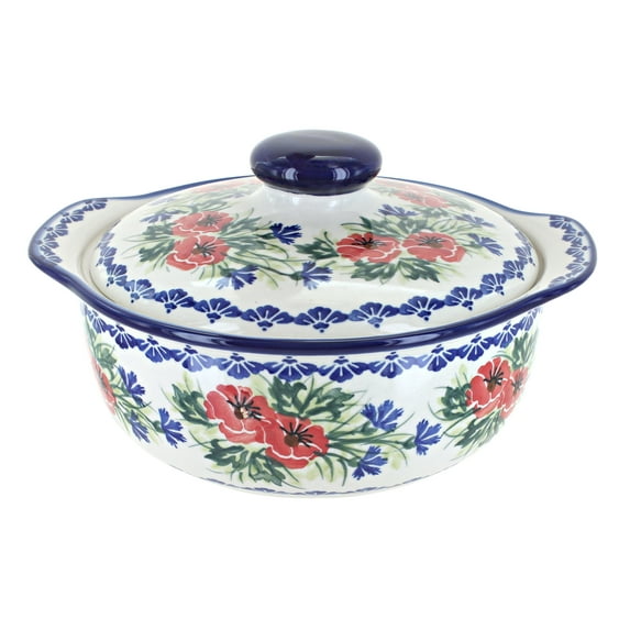 Blue Rose Polish Pottery Cherry Red Bouquet Round Covered Baker