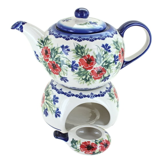Blue Rose Polish Pottery Cherry Red Bouquet Teapot with Warmer & Candle Holder