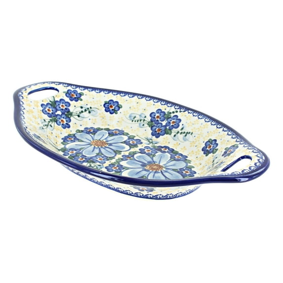 Blue Rose Polish Pottery Daisy Surprise Bread Tray with Handles