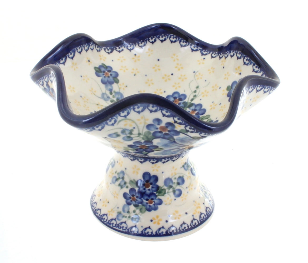Vena Daisy Ceramic Pedestal Candy Bowl, 7-inch, Blue and Green