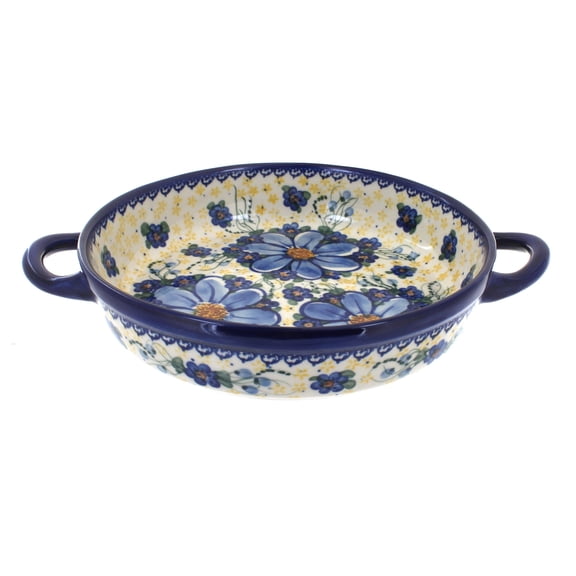 Blue Rose Polish Pottery Daisy Surprise Small Round Baker with Handles