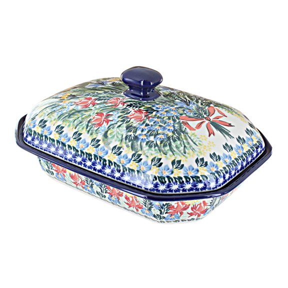 Blue Rose Polish Pottery Day Lily Bouquet Medium Covered Baker