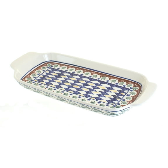 Blue Rose Polish Pottery Evergreen Bread Tray with Handles