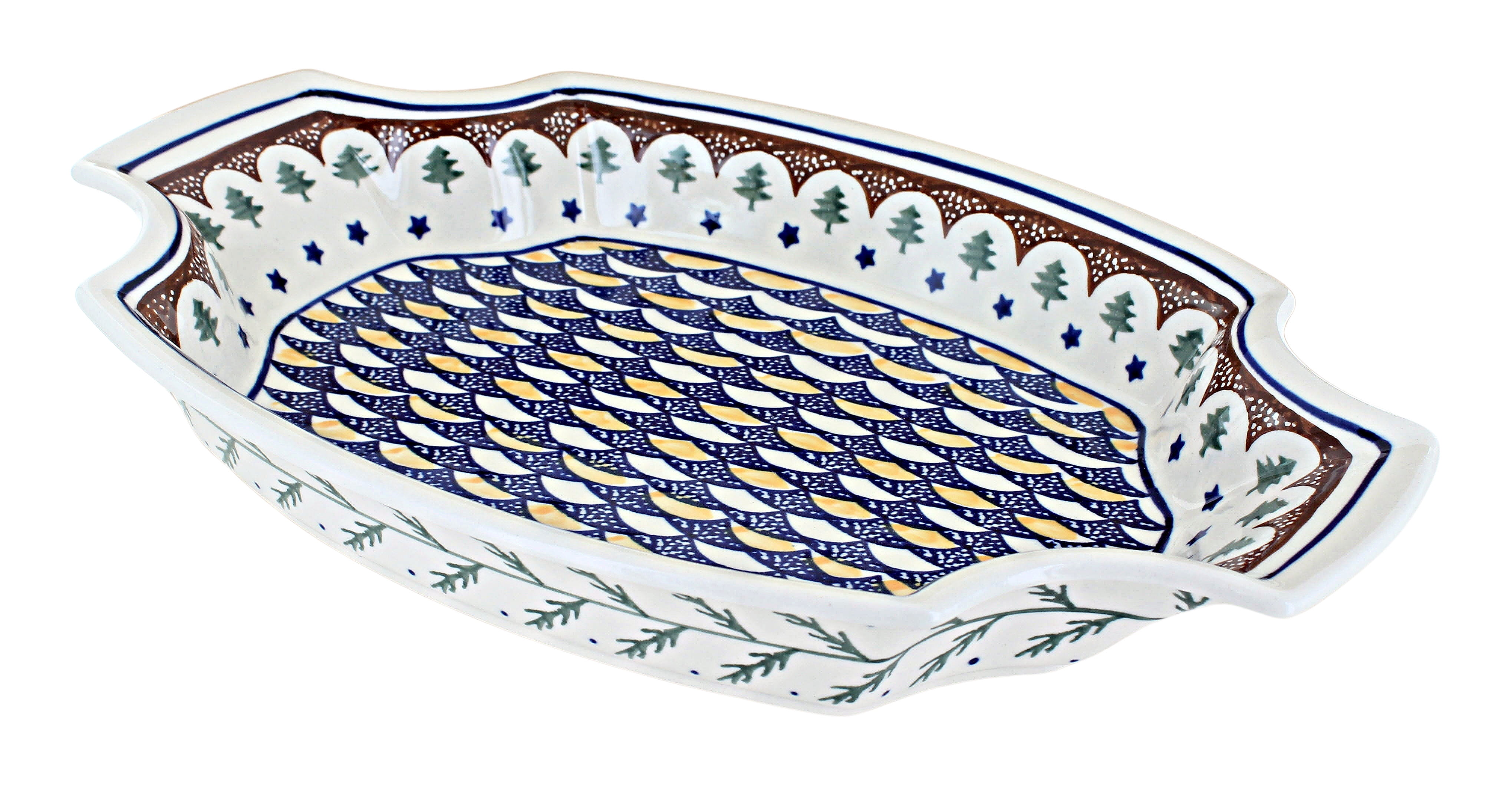 Blue Rose Polish Pottery Mosaic Flower Round Tray - Handmade Stoneware, 13.25" Diameter With Handles