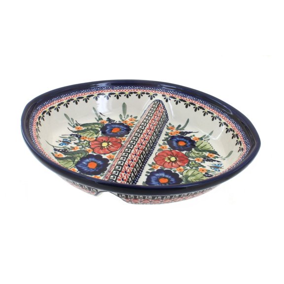 Blue Rose Polish Pottery Floral Butterfly Large Divided Dish