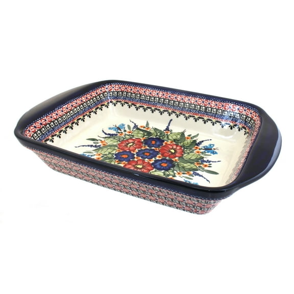 Blue Rose Polish Pottery Floral Butterfly Large Rectangular Baker