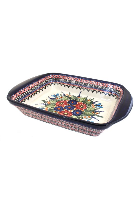 Blue Rose Polish Pottery Floral Butterfly Large Rectangular Baker