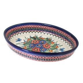 Blue Rose Polish Pottery Floral Butterfly Medium Oval Baker
