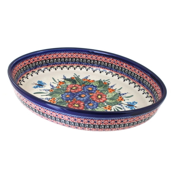 Blue Rose Polish Pottery Floral Butterfly Medium Oval Baker