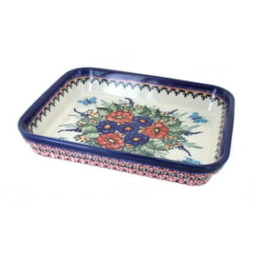 Blue Rose Polish Pottery Floral Butterfly Medium Rectangular Baker