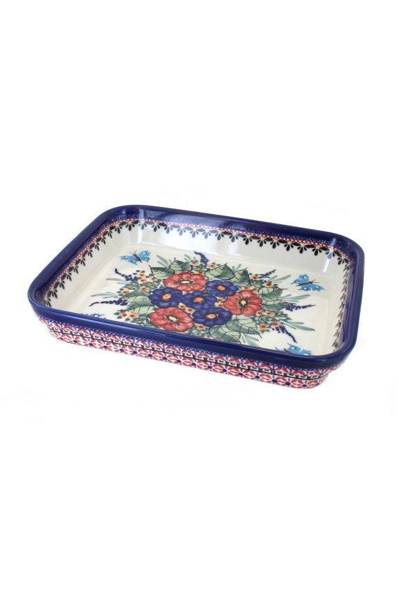 Blue Rose Polish Pottery Floral Butterfly Medium Rectangular Baker