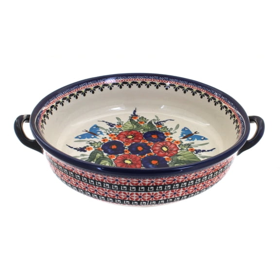 Blue Rose Polish Pottery Floral Butterfly Round Casserole with Handles