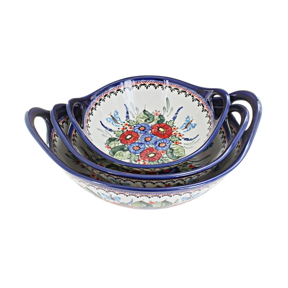 Blue Rose Polish Pottery Floral Butterfly Serving Bowl Set with Handles