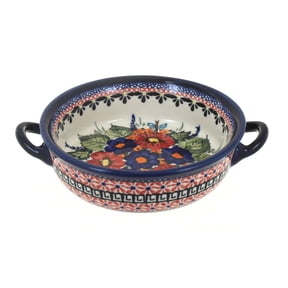 Blue Rose Polish Pottery Floral Butterfly Small Baker with Handles