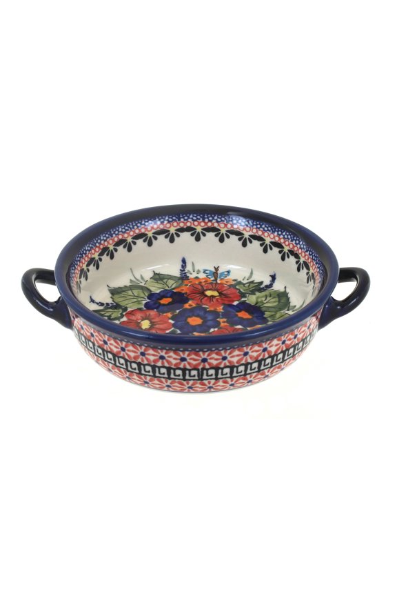 Blue Rose Polish Pottery Floral Butterfly Small Baker with Handles