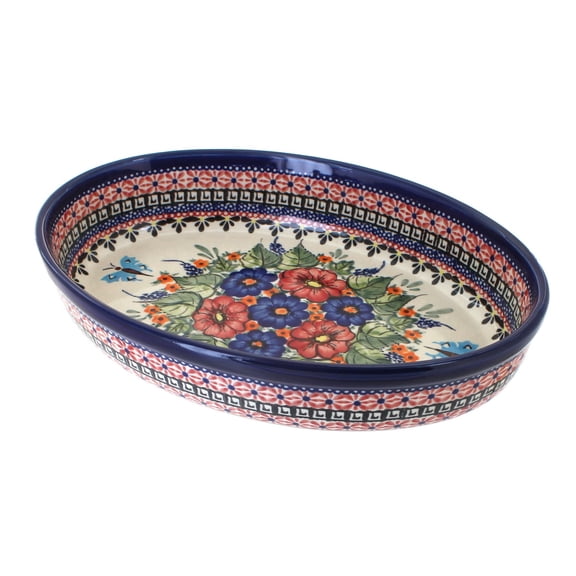 Blue Rose Polish Pottery Floral Butterfly Small Oval Baker