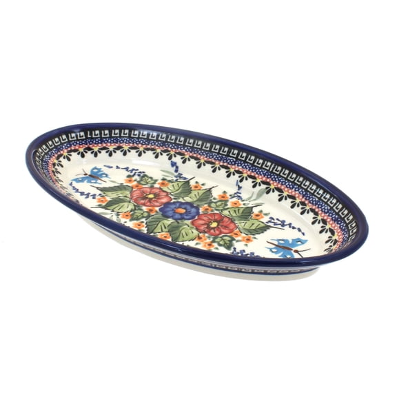 Blue Rose Polish Pottery Floral Butterfly Small Oval Platter
