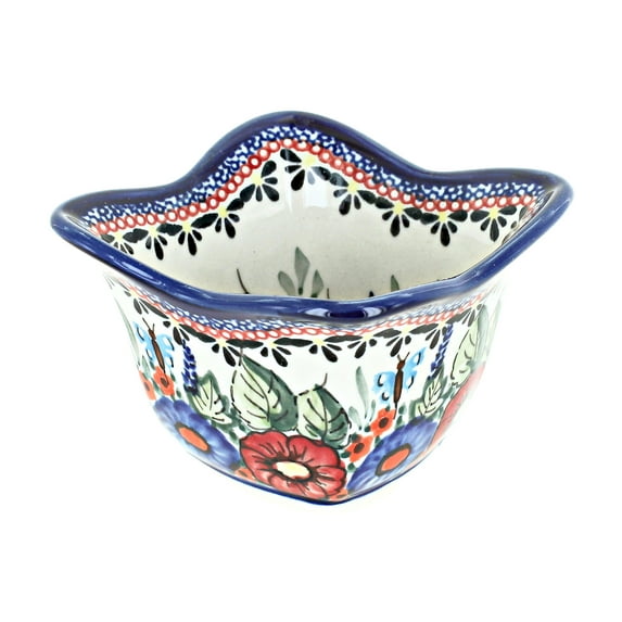 Blue Rose Polish Pottery Floral Butterfly Small Square Scallop Bowl