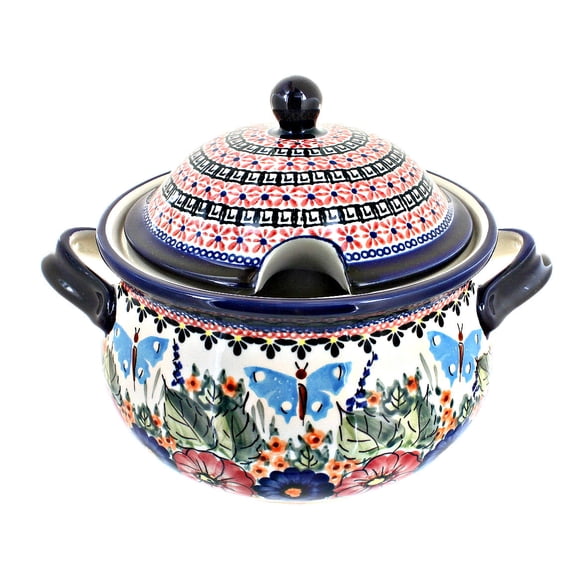 Blue Rose Polish Pottery Floral Butterfly Soup Tureen