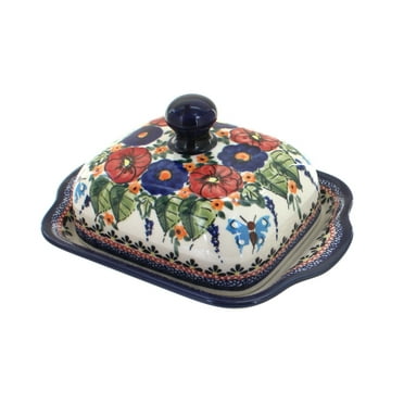Blue Rose Polish Pottery Floral Butterfly Square Butter Dish