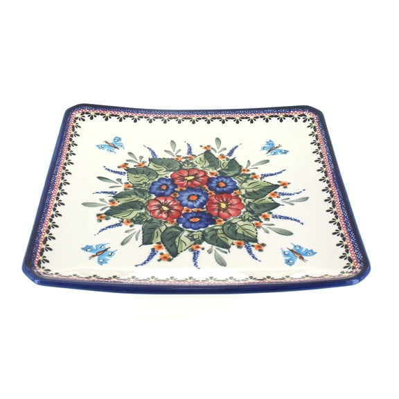 Blue Rose Polish Pottery Floral Butterfly Square Dinner Plate