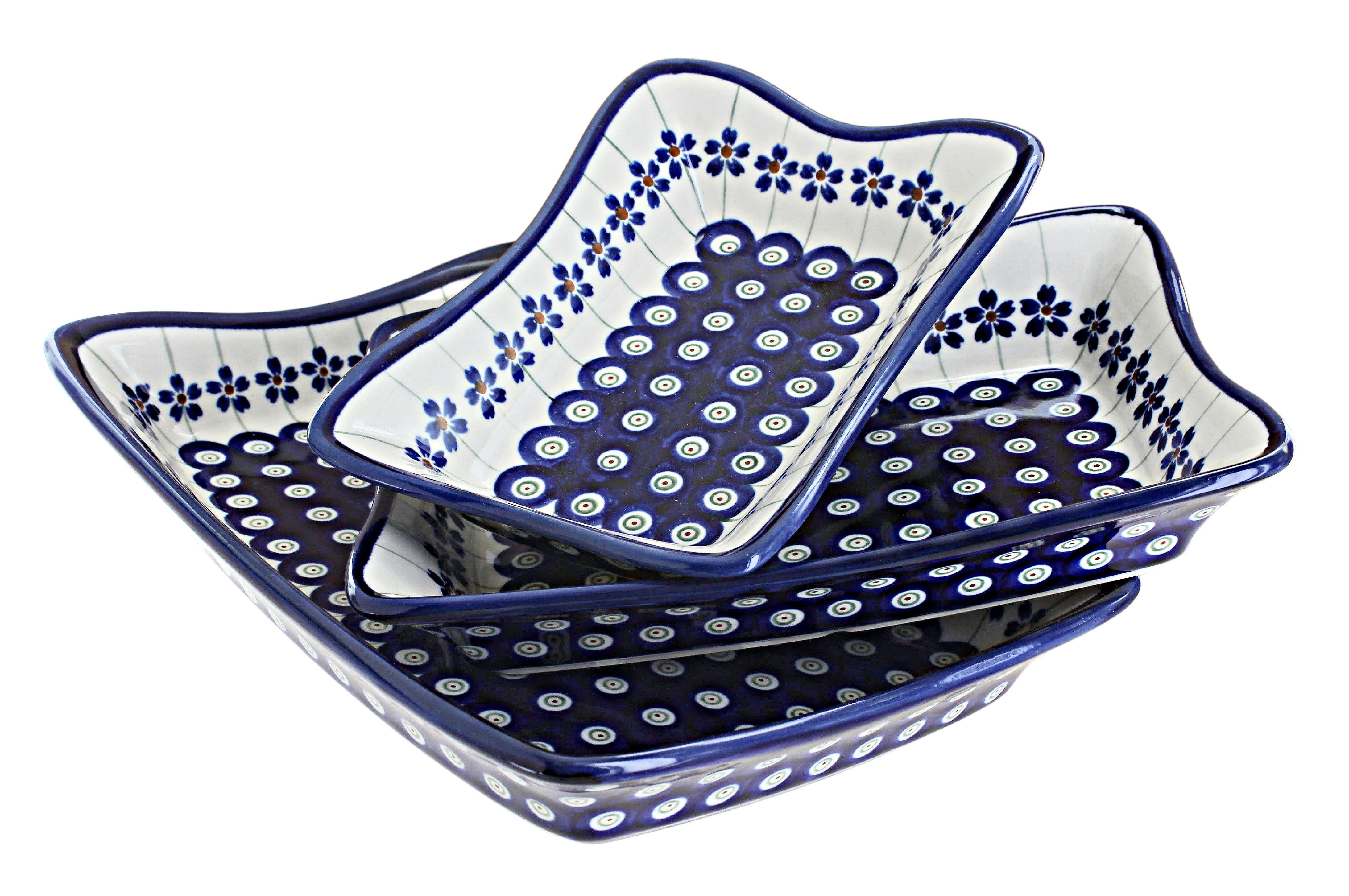 Blue Rose Polish Pottery Flowering Peacock 3 Piece Rectangular Serving