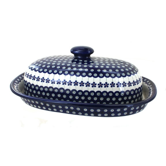 Blue Rose Polish Pottery Flowering Peacock Bread Container