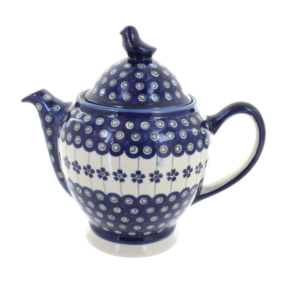 Blue Rose Polish Pottery Flowering Peacock Coffee Pot