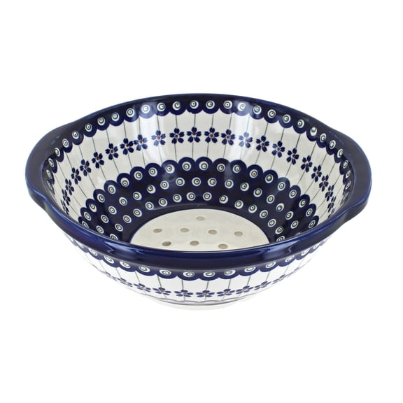 Blue Rose Polish Pottery Flowering Peacock Colander